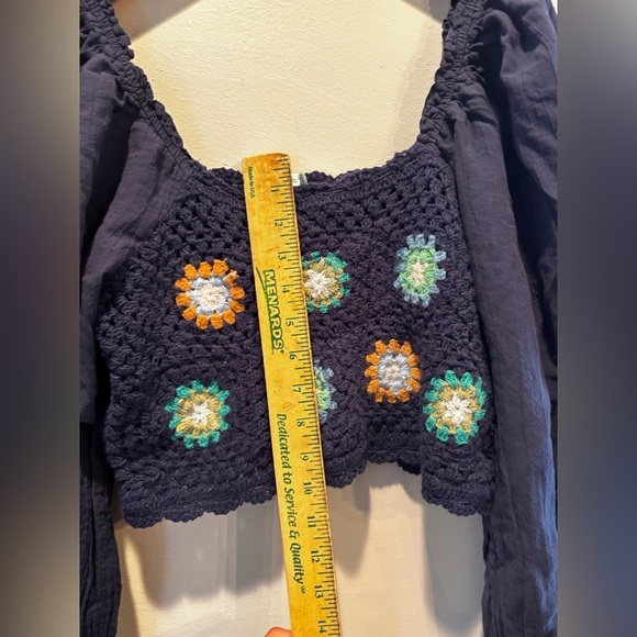 Aerie Navy Crochet Floral Women's Top large cottage core boho euro summer - Picture 2 of 10